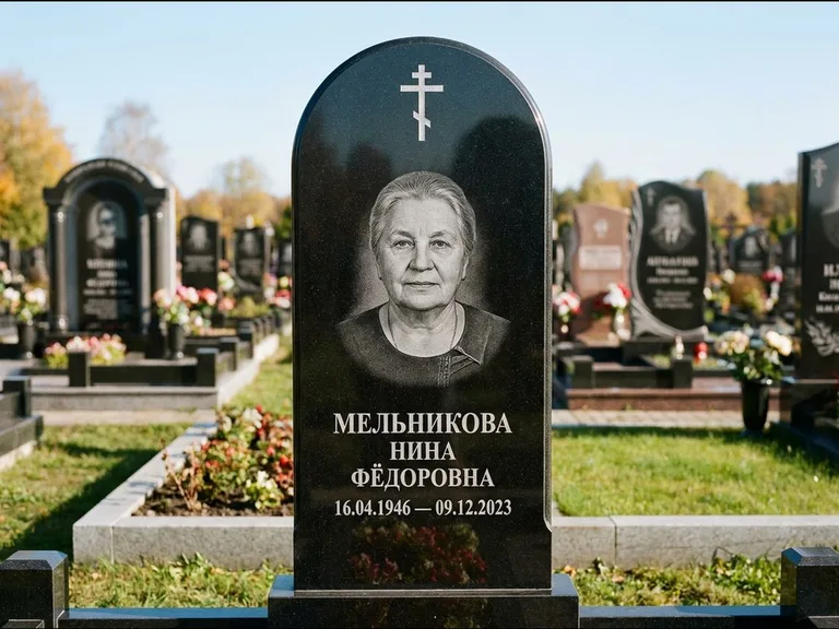 Памятник из чёрного гранита — стела с резным навершием с латинским крестом, работа «Савельева» во Владивостоке