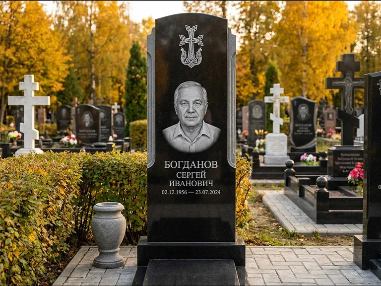 Памятник из чёрного гранита — круглая стела-медальон с армянским хачкаром, работа «Ковалёв» во Владивостоке