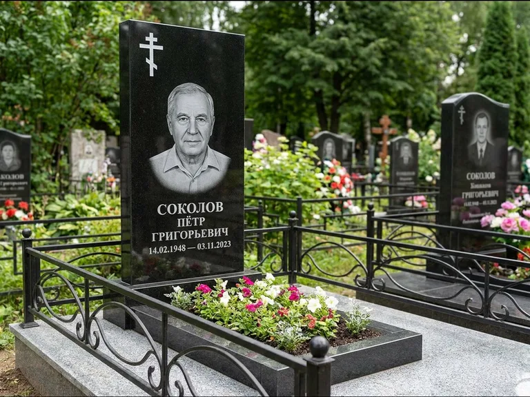Памятник из чёрного гранита — стела с арочным верхом с православным восьмиконечным крестом, работа «Ковалёв» во Владивостоке