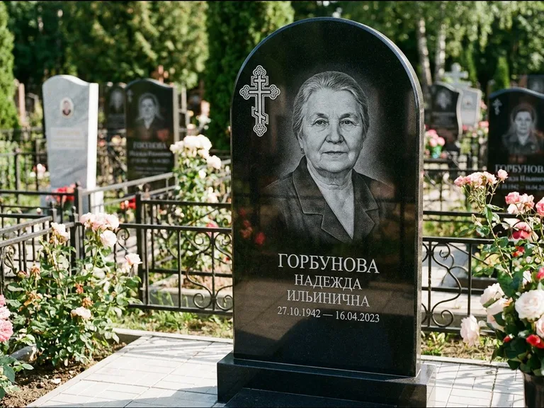 Памятник из чёрного гранита — стела с боковой колонной с крестом в лучах, работа «Мельникова» во Владивостоке