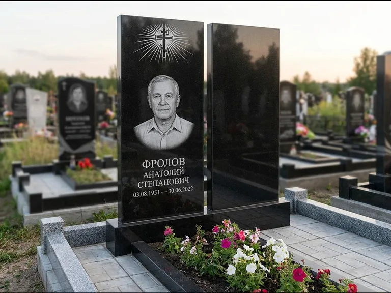 Памятник из чёрного гранита — стела на ступенчатом постаменте с золочёным крестом, работа «Богданов» во Владивостоке
