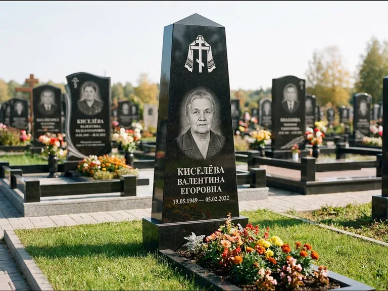 Памятник из чёрного гранита — стела со скошенным верхом с ажурным резным крестом, работа «Селезнёва» во Владивостоке