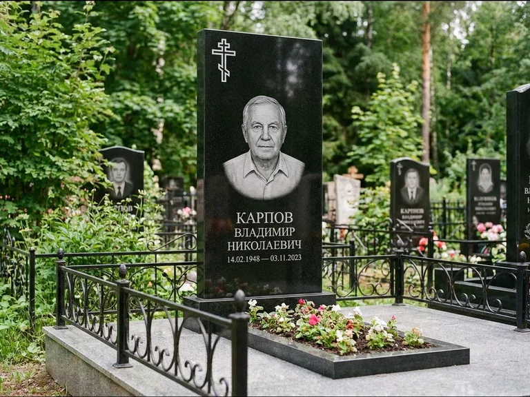 Памятник из чёрного гранита — узкая стела с ажурным крестом с православным восьмиконечным крестом, работа «Гущин» во Владивостоке