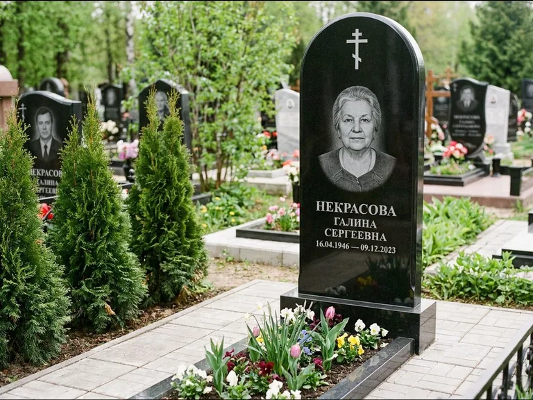 Памятник из чёрного гранита — стела с цветником-плитой с латинским крестом, работа «Лаврентьева» во Владивостоке