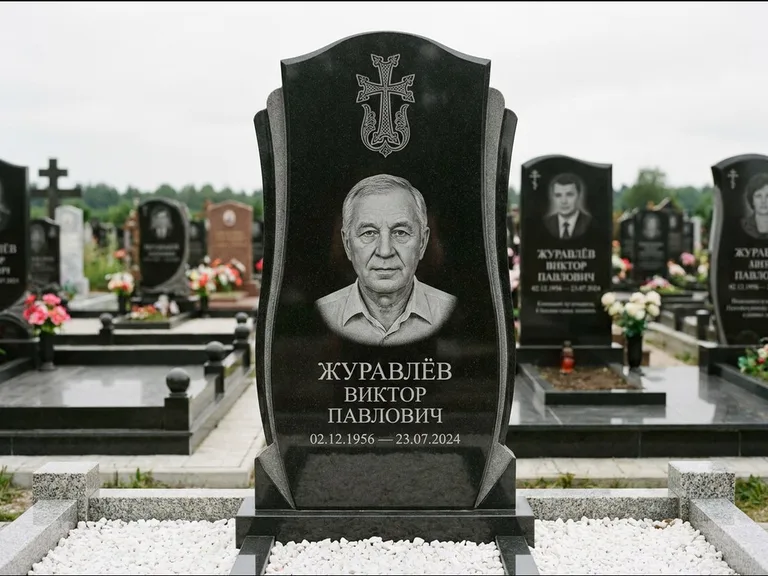 Памятник из чёрного гранита — панорамная стела с армянским хачкаром, работа «Тихонов» во Владивостоке