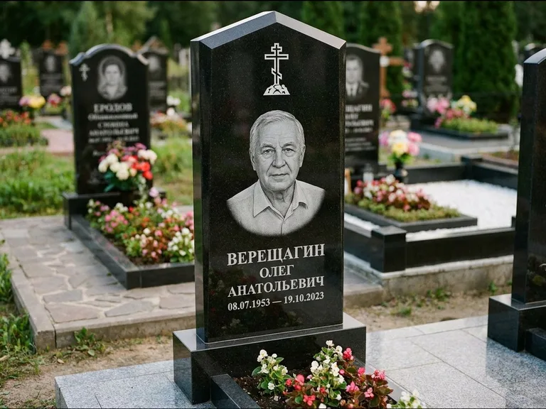 Памятник из чёрного гранита — обелиск-колонна с крестом на Голгофе, работа «Ковалёв» во Владивостоке