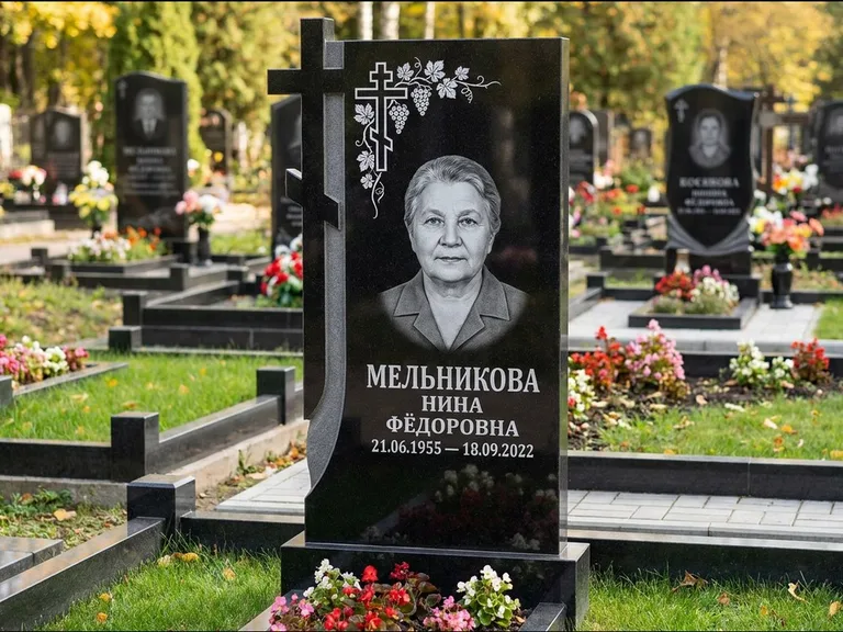 Памятник из чёрного гранита — стела с резной рамкой с крестом с распятием, работа «Некрасова» во Владивостоке
