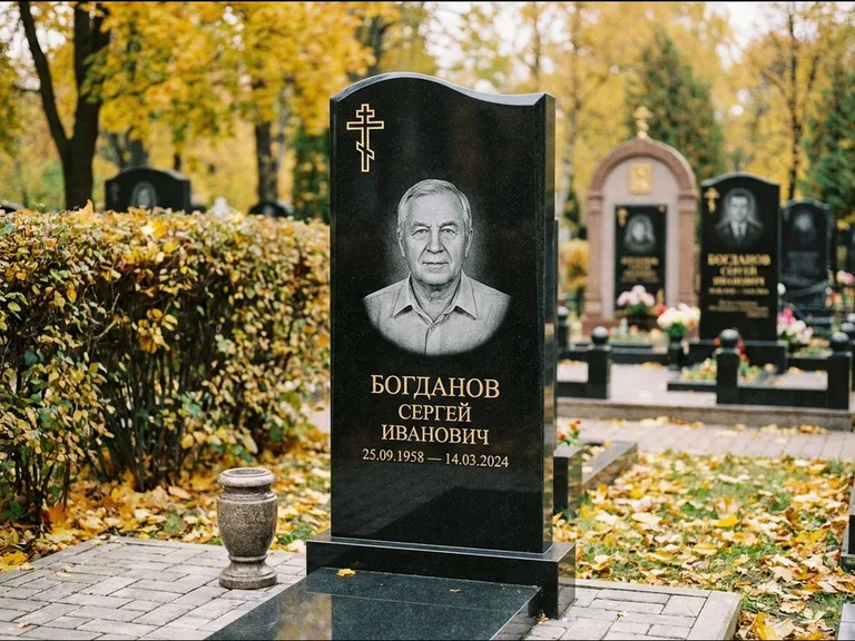 Памятник из чёрного гранита — стела с цветником с процветшим крестом с виноградной лозой, работа «Журавлёв» во Владивостоке