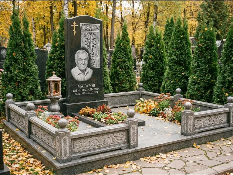 Памятник из чёрного гранита — стела с крестом и лампадой с армянским хачкаром, работа «Гущин» во Владивостоке