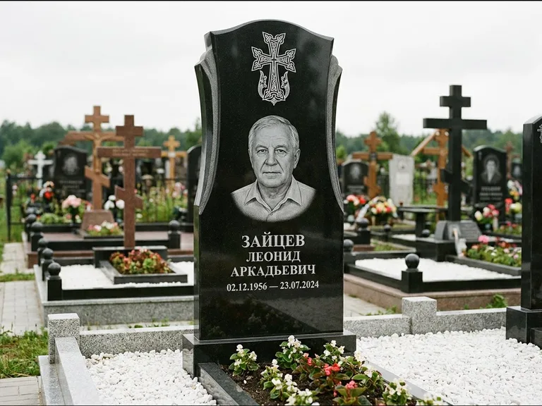 Памятник из чёрного гранита — семейная стела на двоих с армянским хачкаром, работа «Журавлёв» во Владивостоке