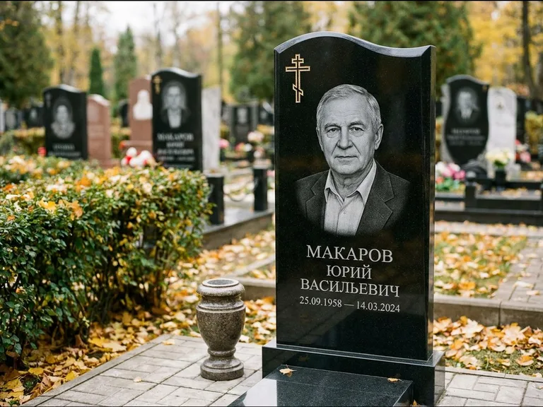 Памятник из чёрного гранита — фигурная стела с киот-нишей с процветшим крестом с виноградной лозой, работа «Богданов» во Владивостоке