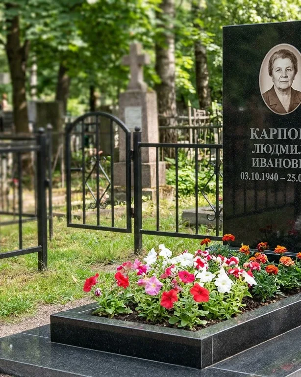 Памятник под ключ с низкой оградой и цветником во Владивостоке