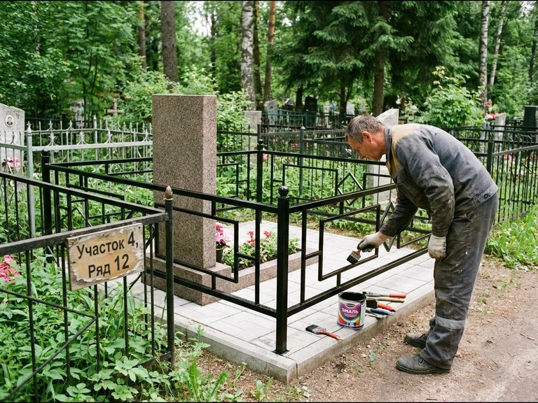 Покраска оградки на кладбище во Владивостоке — мастер красит металлическую ограду на могиле чёрной эмалью