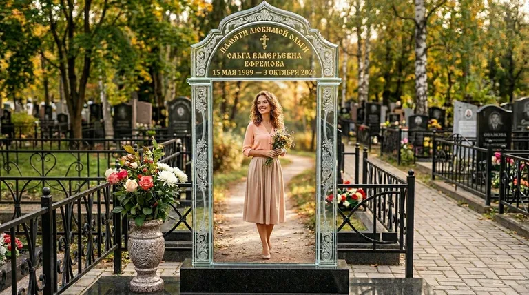 Портрет на стекле в форме арки на памятнике во Владивостоке