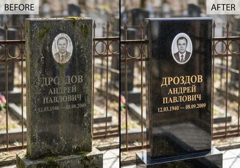 Чистка и полировка гранитного памятника: до и после во Владивостоке