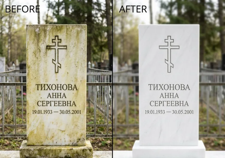 Восстановление мраморного надгробия от желтизны: до и после во Владивостоке