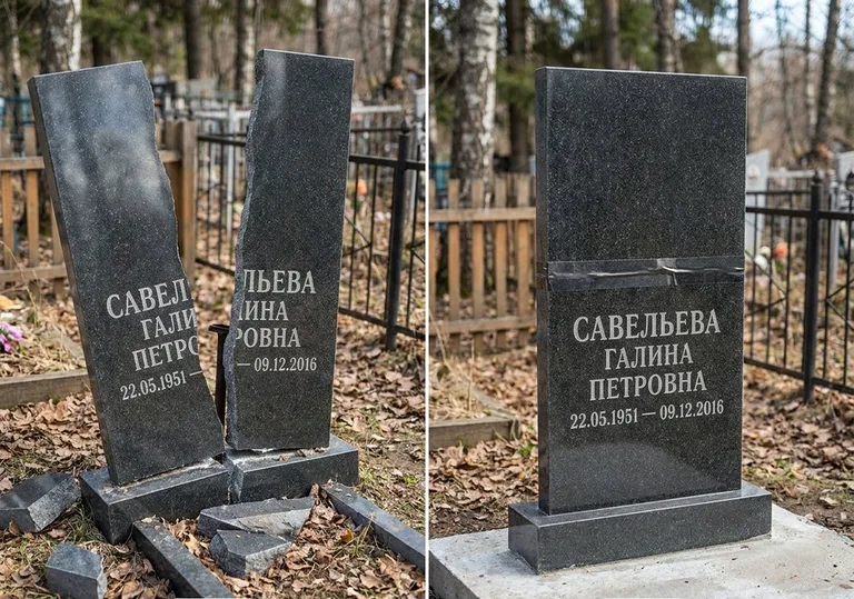 Склейка расколотого гранитного памятника: до и после во Владивостоке