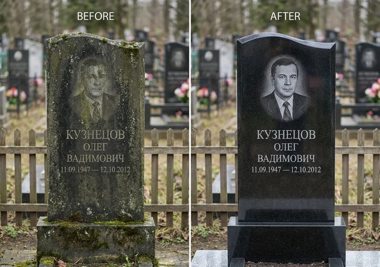 Реставрация гранитного памятника: до и после чистки и полировки во Владивостоке