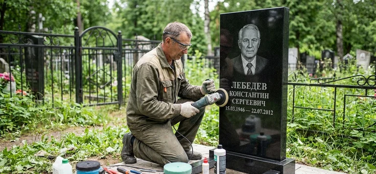 Реставрация памятника во Владивостоке — восстановление гранита, заделка трещин и обновление надписей на кладбище