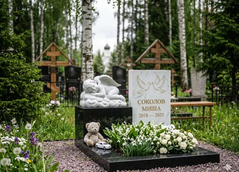 Белый ангелочек на детском памятнике во Владивостоке