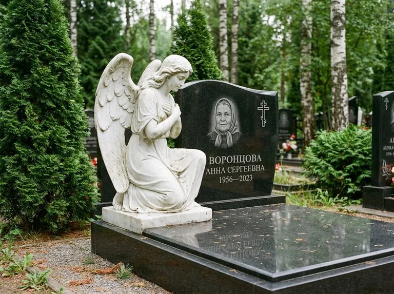 Белый мраморный ангел на гранитном памятнике во Владивостоке