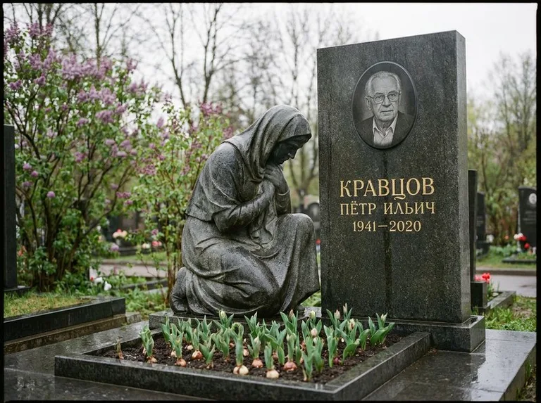 Гранитная скорбящая фигура у стелы на кладбище во Владивостоке