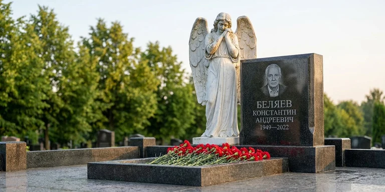 Скульптура на памятник во Владивостоке — мраморный ангел на гранитном мемориале
