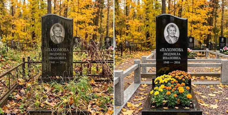 Уборка могилы до и после осенью — клёны во Владивостоке