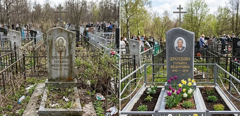 Диптих №4: свежепокрашенная серебром оградка и отмытый красный гранит — до и после во Владивостоке