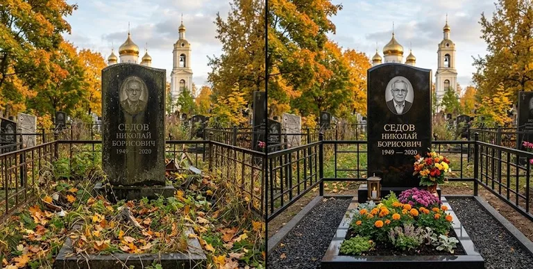 Уборка могилы до и после осенью — у церкви во Владивостоке