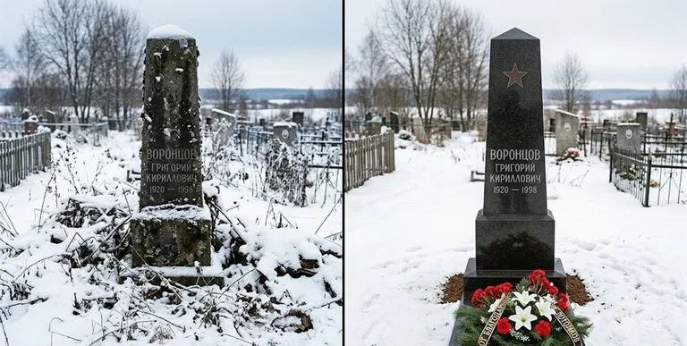 Уборка могилы до и после зимой — воинский обелиск во Владивостоке