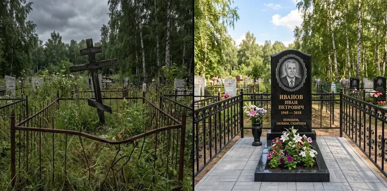 Благоустройство могилы до и после установки памятника во Владивостоке