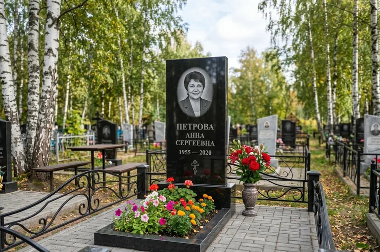 Гранитный памятник с цветником и плиткой во Владивостоке