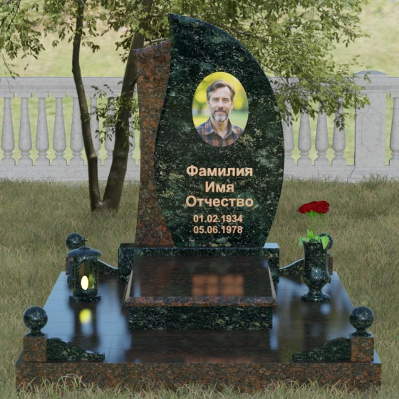 Стела — лепесток с фактурной вставкой, гранит Балтик грин, вид 2, в Якутске