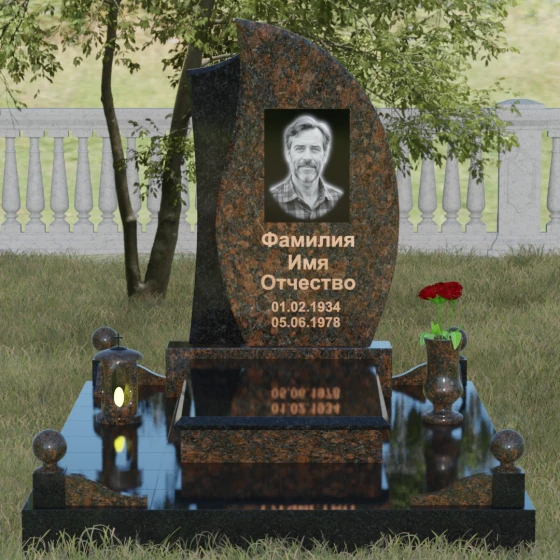 Стела — лепесток с фактурной вставкой, гранит Дымовский, вид 2, в Якутске