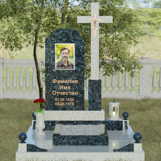 Гранитный вертикальный памятник с крестом во Владивостоке, гранит Блю Перл, вид 2