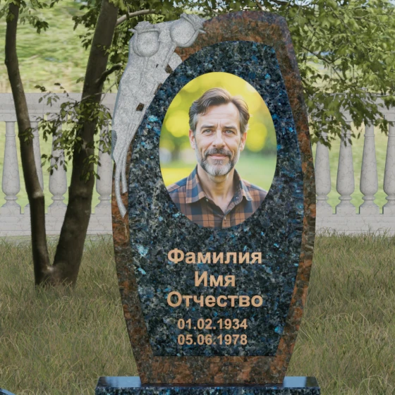 Мемориал с резьбой розы и асимметричной стелой, гранит Блю Перл