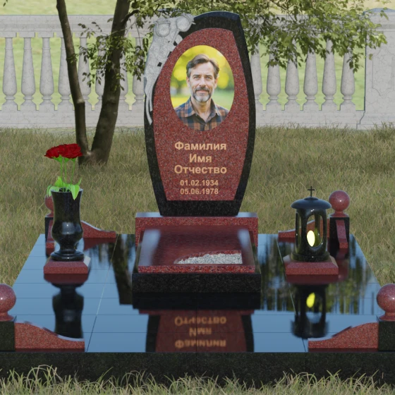 Мемориал с резьбой розы и асимметричной стелой, гранит Лезниковский, вид 2