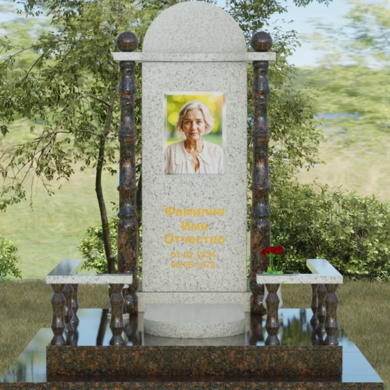 Мемориальный комплекс с портальной стелой и колоннами, гранит Мансуровский, вид 2