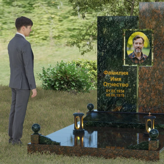 Мемориальный комплекс с асимметричными блоками и сквозным вырезом, гранит Балтик грин, вид 4