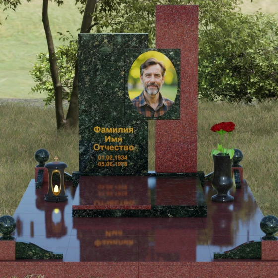 Комбинированный вертикальный памятник в Нижневартовске, гранит Балтик грин, вид 2