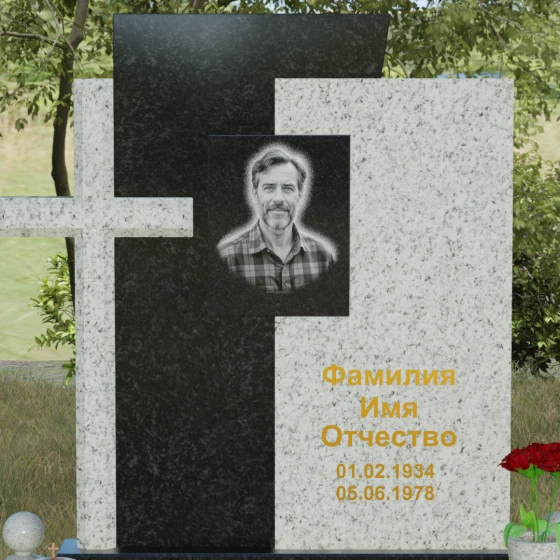 Комбинированный православный памятник с крестом в Барнауле, гранит Габбро-диабаз