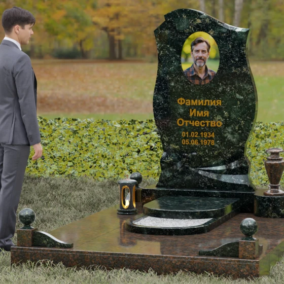 Светский гранитный памятник для одного в Норильске, гранит Балтик грин, вид 4