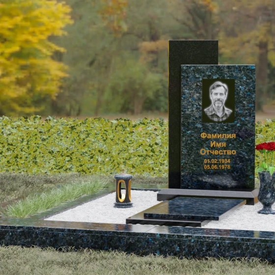 Вертикальный гранитный памятник с православным крестом, гранит Блю Перл, вид 4, в Якутске