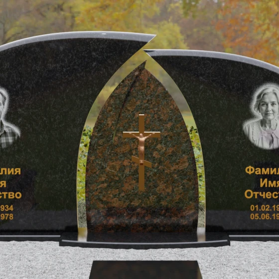 Комбинированный горизонтальный памятник с крестом в Салехарде, гранит Габбро-диабаз
