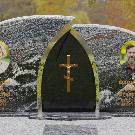 Комбинированный горизонтальный памятник с крестом в Салехарде, гранит амфиболит