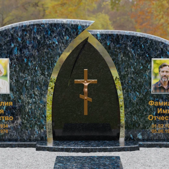 Комбинированный горизонтальный памятник с крестом в Салехарде, гранит Блю Перл