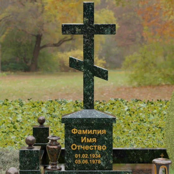 Гранитный памятник — крест восьмиконечный с шарами, гранит Балтик грин, в Якутске