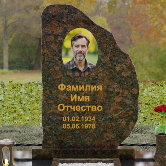 Гранитный памятник — скала с кованой оградой, гранит Дымовский, в Якутске