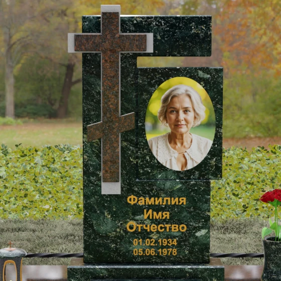 Комбинированный православный памятник с крестом в Рязани, гранит Балтик грин